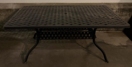 Rectangular Black Metal Patio Table With Lattice Top And Umbrella Hole