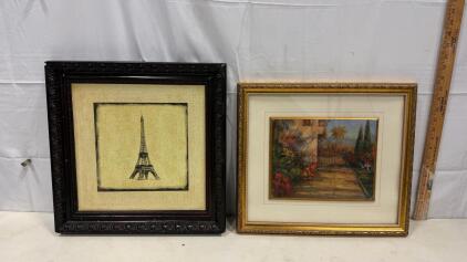 Framed Eiffel Tower And Garden Courtyard Prints, Ornate Wood Frames 19"x21" & 18"x21", USA Made Sp-18