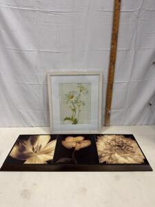 Framed Floral Art Prints Set &ndash; Danhui Nai "Shasta Daisy" 17.5"x14.5" & 3-Panel Flower Triptych 24"x9" Sp-18