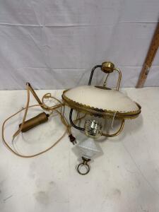 Vintage Mid-Century Pendant Ceiling Lamp, 12" Shade, Brass & Milk Glass, Ornate Trim, 1950s Sp-12