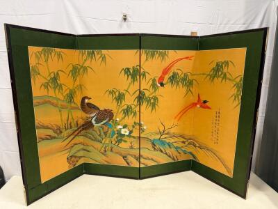 Hand-Painted 4-Panel Byōbu Folding Screen With Birds And Bamboo Motif sp-5