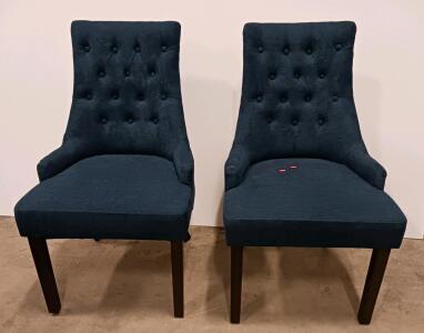 Pair Of Navy Blue Tufted Upholstered Dining Accent Chairs, Solid Wood Legs, 40" Tall