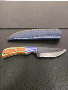 Custom Fixed-Blade Hunting Knife, Drop Point, Multicolored Handle, Blue Leather Sheath