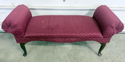 Queen Anne Style Upholstered Bench With Rolled Arms And Burgundy Diamond-Patterned Fabric 38" x 18" x 20"