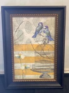 Hobby Lobby Home Accents Framed Wall Art Print, 18"x24", Birds & Birdcage, Black Gold Frame ( R4 )