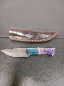 Custom Damascus Fixed Blade Knife - 4" Drop Point, Blue/Purple Resin Handle, Leather Sheath