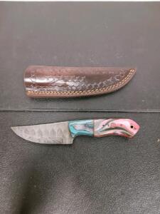 Custom Fixed Blade Knife, 4" Hammered Blade, Resin Swirl Handle, Leather Sheath, Mosaic Pin