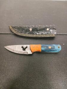 Custom Fixed-Blade Hunting Knife With Stag Cut-Out And Leather Sheath