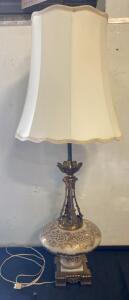 Vintage Ornate Brass And Floral Ceramic Table Lamp, Scalloped Fabric Shade, 45" Tall (Powers On)