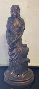 Classical Bronze-Tone Decorative Statue &ndash; Female Figure With Basket, Plaster/Resin, 21" Tall (Base Is Broken)