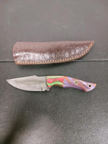 Custom 8" Fixed Blade Knife, Patterned Blade, Multicolor Resin Handle, Leather Sheath