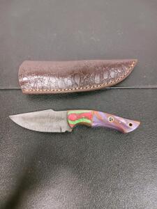 Custom 8" Fixed Blade Knife, Patterned Blade, Multicolor Resin Handle, Leather Sheath