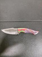Custom 8" Fixed Blade Knife, Patterned Blade, Multicolor Resin Handle, Leather Sheath - 2