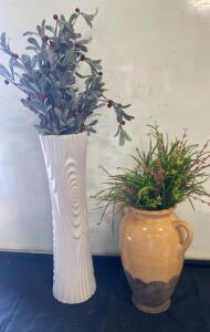 Set Of 2 Decorative Ceramic Vases With Artificial Floral Arrangements, Contemporary And Rustic Designs