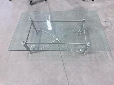 Rectangular Metal Frame Glass Coffee Table, 48"x28", Scroll Design, Silver Finish