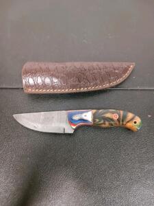 Custom Fixed-Blade Drop Point Knife, 4" Blade, Resin Handle, Leather Sheath, Mosaic Pin