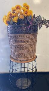 Multi-purpose Wire Basket Table With Wood Top And Wicker Basket, 17" Diameter x 22.5" Height