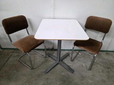 Cafe Table 28"x24" With 2 Brown Upholstered Chairs, Metal Base, White Top, Indoor Set