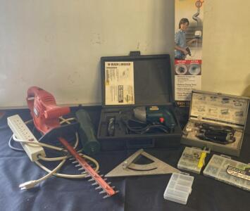 Black & Decker Electric Drill, Hedge Trimmer, Tools, Gilmour Sprinkler, Cases, Accessories - Powers On - ( R2 )