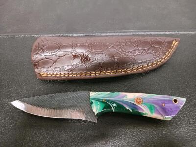 Custom Fixed Blade Knife, 4" Satin Blade, Swirl Resin Handle, Leather Sheath, Mosaic Pin