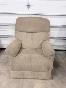 Manual Recliner Chair, Beige Upholstered, Padded Arms, 42"x36"x38" Approximate Dimensions