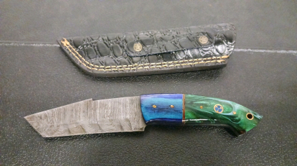 Custom Fixed Blade Tanto Knife, Damascus Steel, Blue-Green Resin Handle, Leather Sheath, Mosaic Pin