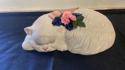 Large White Ceramic Sleeping Cat Figurine With Floral Accents And Pink Ribbon 16&rdquo; In Length ( R12 )