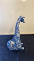 Blue And White Ceramic Giraffe Figurine With Floral Pattern, 16 In Tall ( R12 ) - 3