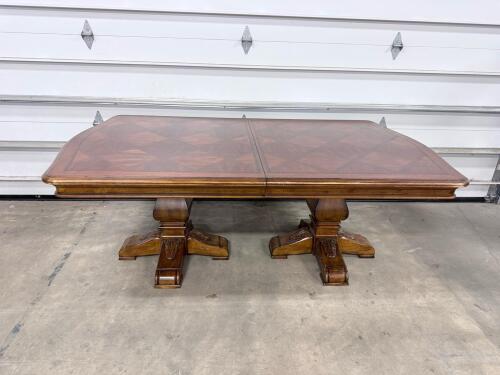 Traditional Rectangular Double Pedestal Dining Table With Inlaid Top And Carved Bases