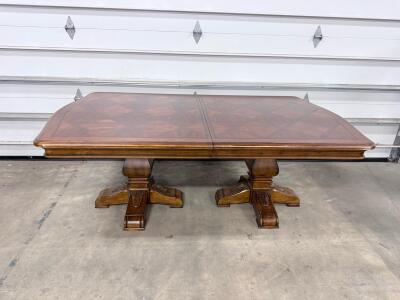 Traditional Rectangular Double Pedestal Dining Table With Inlaid Top And Carved Bases