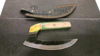 Handcrafted Ulu Knife With 6" Curved Blade, Laminated Wood Handle & Embossed Leather Sheath