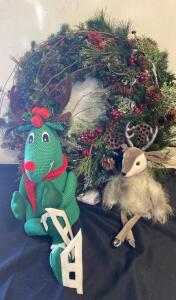 Large 28" Artificial Christmas Wreath With Pinecones, Berries, Lotus Pods + 2 Holiday Reindeer Plush Toys ( R8 $