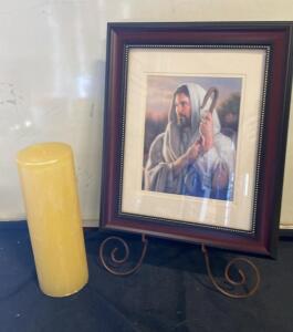 Framed Religious Art Print Of Jesus The Good Shepherd With Metal Easel Stand ( R7 )