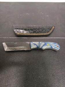 Custom Fixed-Blade Utility Knife With Patterned Resin Handle And Leather Sheath