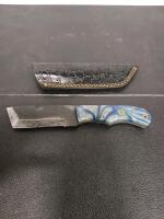 Custom Fixed-Blade Utility Knife With Patterned Resin Handle And Leather Sheath