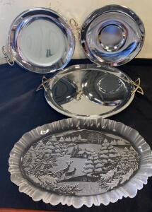 Mikasa Frosted Glass Winter Scene Platter & 3 Stainless Steel Trays With Gold Handles ( SP1 )