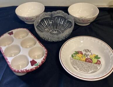 Fruit Motif Ceramic Bowls, Apple Pie Plate With Recipe, Muffin Tray & Cut Glass Bowl ( R 6 )