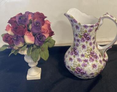 Formalities By Baum Bros. Pansy Chintz Porcelain Pitcher, 10" Tall, Gold Trim ( SP13 )