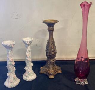 Pair Of Vintage Porcelain Floral Candlestick Holders, Shabby Chic, 10" Tall, Pink Rose Design ( R12 )