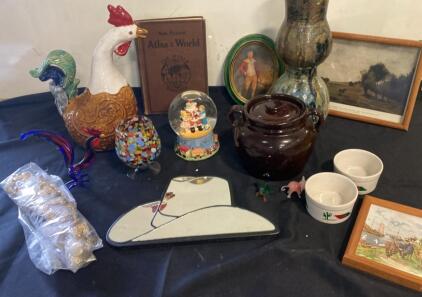 Vintage Pottery, Glass, Art, Decor &ndash; 15 Pieces Rooster Jar, Snow Globe, Book, Vases, Mirror ( R9 )