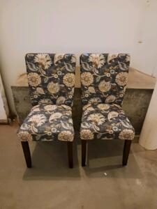 Set Of 2 Parsons Upholstered Dining Chairs, Blue Floral Pattern, Dark Wood Legs, High Back