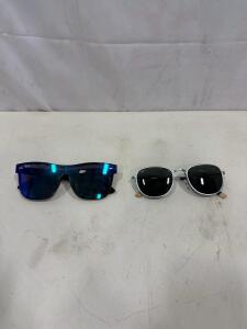 Ray-Ban Blue Mirrored Shield Sunglasses & Proof Silver Round Metal Frame Pair, Unisex, With Wood Accents
