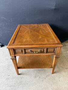 Vintage Traditional Wood End Table, Brass Floral Drawer Pull, 1 Drawer, 1 Shelf, 22x26x22