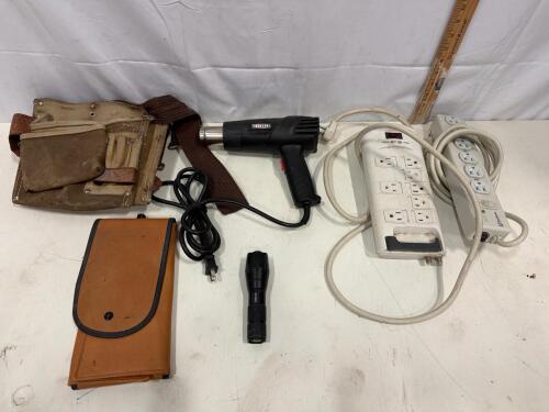 Assorted Hand Tools & Electrical Accessories: Ironton Heat Gun, Philips Power Strip, Tool Pouches (sp-13)
