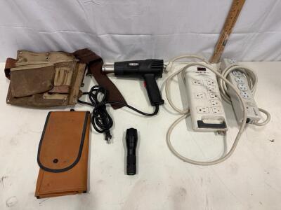 Assorted Hand Tools & Electrical Accessories: Ironton Heat Gun, Philips Power Strip, Tool Pouches (sp-13)