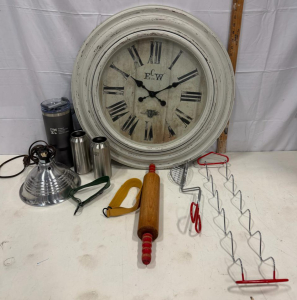 Large E.C.W. Co. Wall Clock 27" Distressed White, Rolling Pin, Tumblers, Kitchen Tools (sp-11)