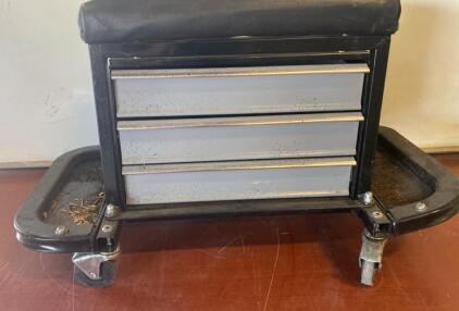 Rolling Mechanic Creeper Seat With 3 Drawers, Side Trays, Swivel Casters, Black/Gray ( R11 )