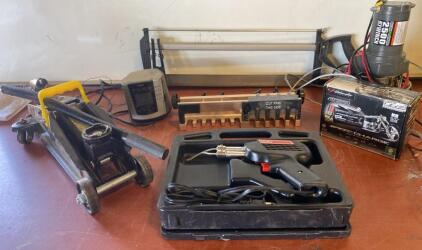 Automotive Garage Tools: Floor Jack, Weller Soldering Kit, 2500 lb Winch, Battery Charger ( R11 )