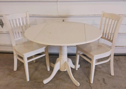 White 42" Round Drop-Leaf Dining Table Set With 2 Wooden Chairs, Pedestal Base