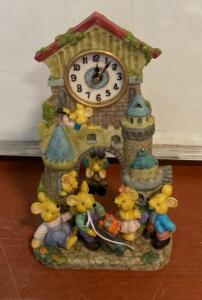 Animated Mouse Castle Tabletop Clock, Hand-Painted Resin, Quartz, 11" Tall, Swinging Figure